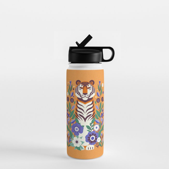 Floral Tiger in a Bold Jungle - Vibrant Botanical Wildlife Art Water Bottle Gallery Image 1
