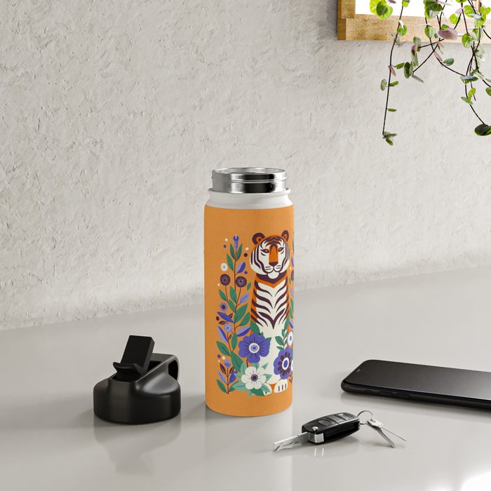 Floral Tiger in a Bold Jungle - Vibrant Botanical Wildlife Art Water Bottle Gallery Image 4