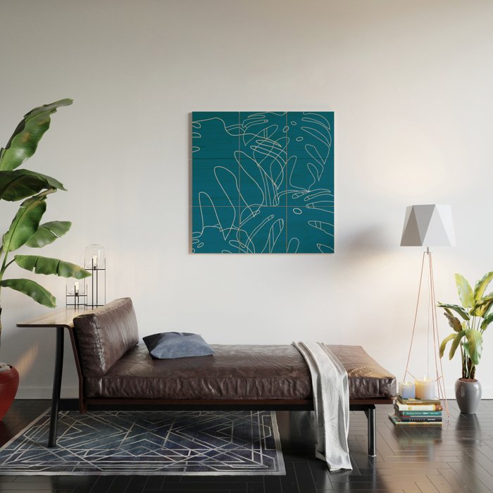 Monstera No2 Blue Wood Wall Art Gallery Image 2