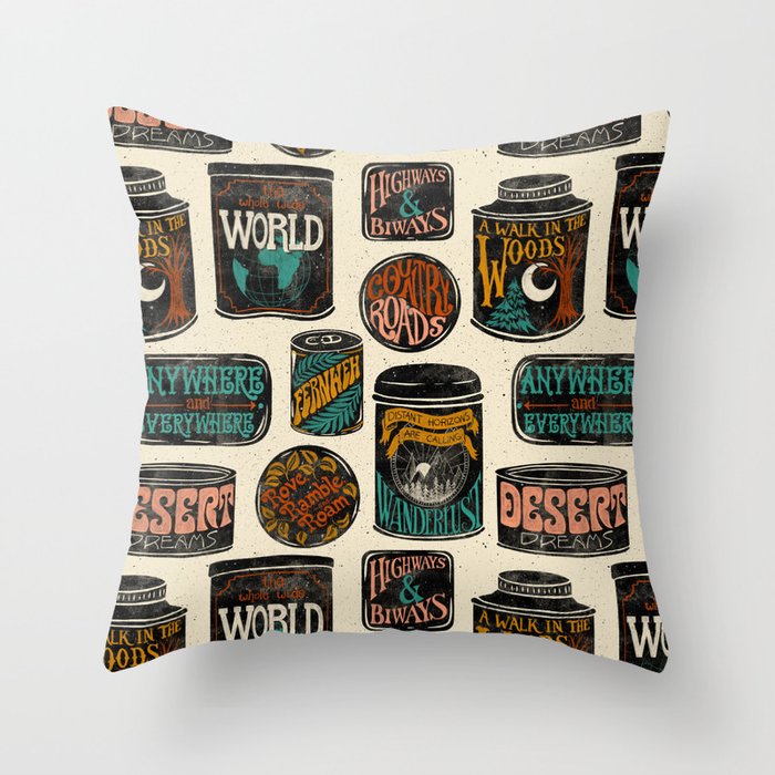 Vagabondâs Cupboard - black and cream with red, gold, teal, and peach Throw Pillow Gallery Image 1