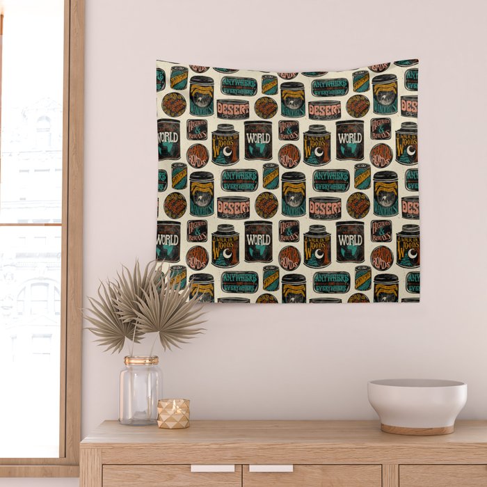 Vagabondâs Cupboard - black and cream with red, gold, teal, and peach Wall Tapestry Gallery Image 2