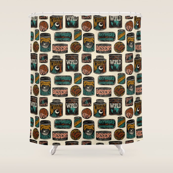 Vagabondâs Cupboard - black and cream with red, gold, teal, and peach Shower Curtain Gallery Image 1