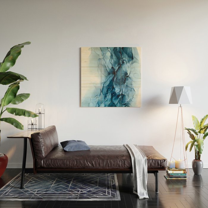 Deep Blue Flowing Water Abstract Painting Wood Wall Art Gallery Image 2