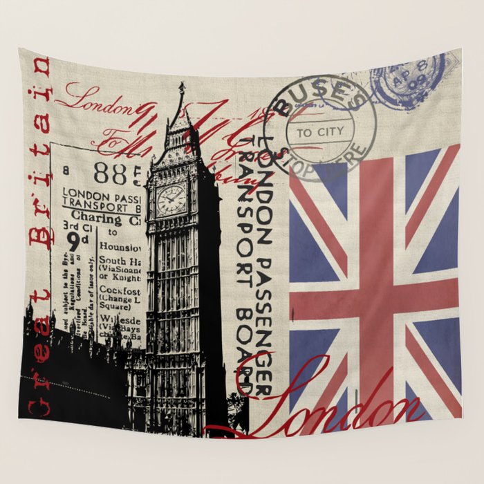 London Great Britain Big Ben Flag Collage Wall Tapestry Gallery Image 1