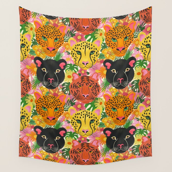 Maximalist Jungle Tiger Cheetah Leopard and Jaguar Wall Tapestry Gallery Image 1