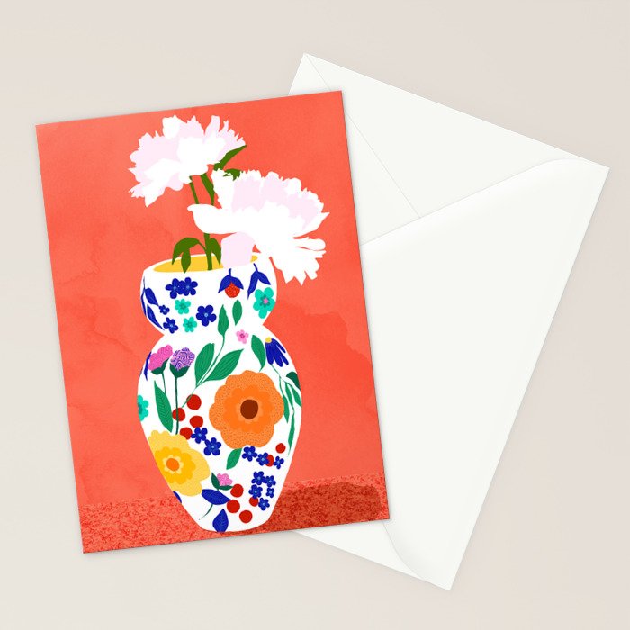 The Flowerpot, Floral Nature Watercolor Painting, Eclectic Bohemian Blossom Plants, Maximalism Contemporary Boho Stationery Card Gallery Image 2