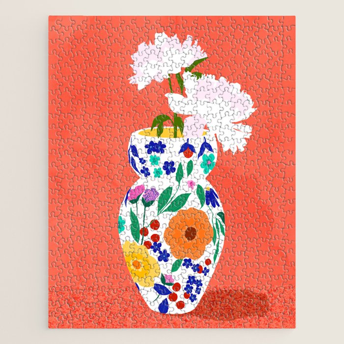 The Flowerpot, Floral Nature Watercolor Painting, Eclectic Bohemian Blossom Plants, Maximalism Contemporary Boho Jigsaw Puzzle Gallery Image 1
