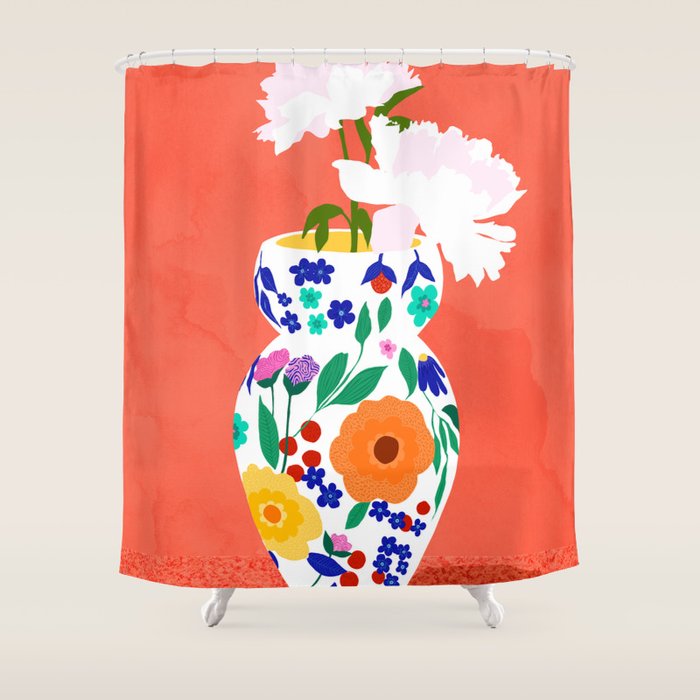 The Flowerpot, Floral Nature Watercolor Painting, Eclectic Bohemian Blossom Plants, Maximalism Contemporary Boho Shower Curtain Gallery Image 1