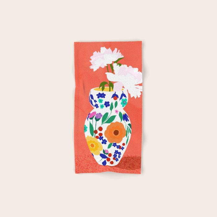 The Flowerpot, Floral Nature Watercolor Painting, Eclectic Bohemian Blossom Plants, Maximalism Contemporary Boho Bath Towel Gallery Image 1