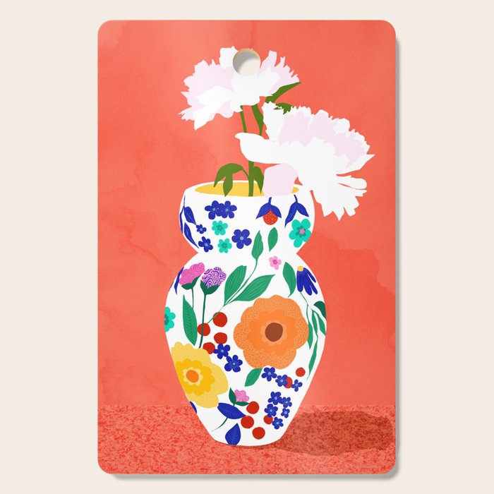 The Flowerpot, Floral Nature Watercolor Painting, Eclectic Bohemian Blossom Plants, Maximalism Contemporary Boho Cutting Board Gallery Image 1