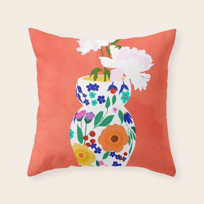 The Flowerpot, Floral Nature Watercolor Painting, Eclectic Bohemian Blossom Plants, Maximalism Contemporary Boho Throw Pillow Gallery Image 6