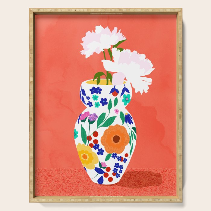 The Flowerpot, Floral Nature Watercolor Painting, Eclectic Bohemian Blossom Plants, Maximalism Contemporary Boho Serving Tray Gallery Image 1