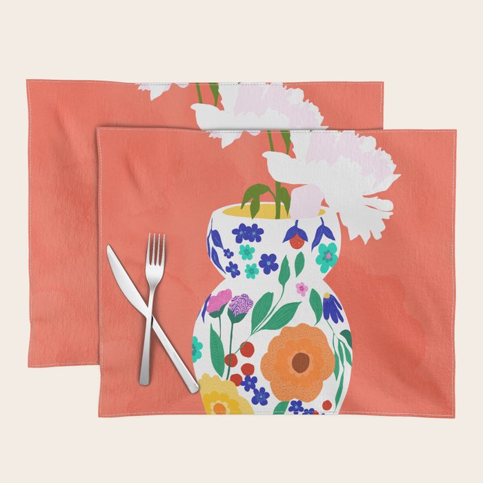 The Flowerpot, Floral Nature Watercolor Painting, Eclectic Bohemian Blossom Plants, Maximalism Contemporary Boho Placemat Gallery Image 1