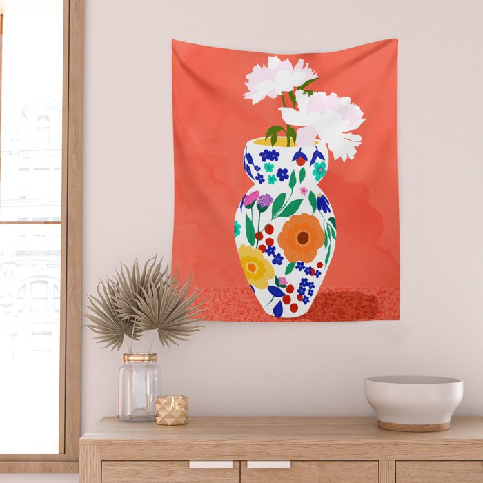 The Flowerpot, Floral Nature Watercolor Painting, Eclectic Bohemian Blossom Plants, Maximalism Contemporary Boho Wall Tapestry Gallery Image 2