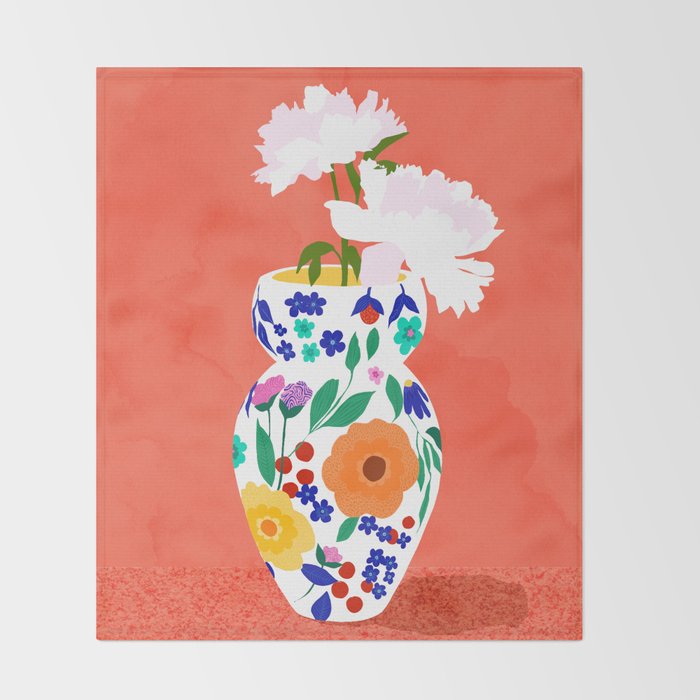 The Flowerpot, Floral Nature Watercolor Painting, Eclectic Bohemian Blossom Plants, Maximalism Contemporary Boho Throw Blanket Gallery Image 2
