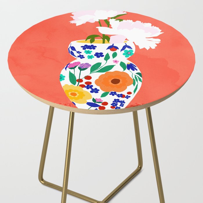 The Flowerpot, Floral Nature Watercolor Painting, Eclectic Bohemian Blossom Plants, Maximalism Contemporary Boho Side Table Gallery Image 2