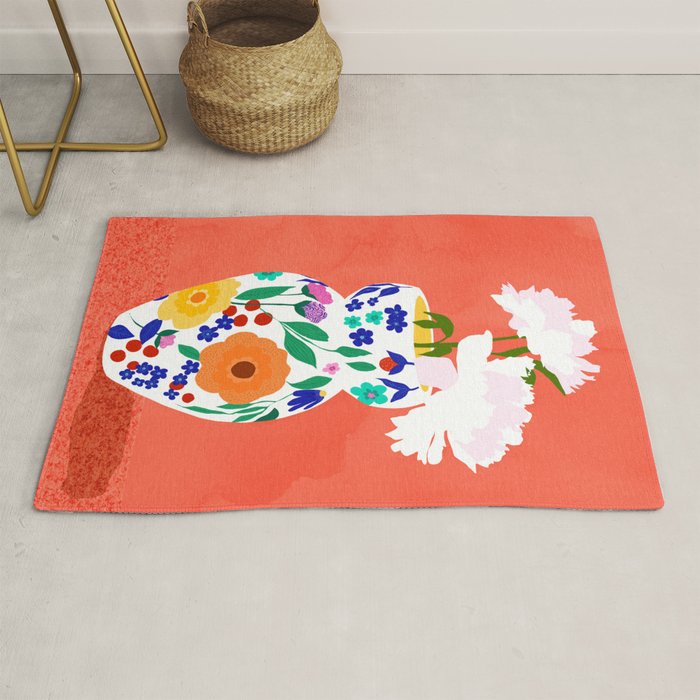 The Flowerpot, Floral Nature Watercolor Painting, Eclectic Bohemian Blossom Plants, Maximalism Contemporary Boho Rug Gallery Image 1