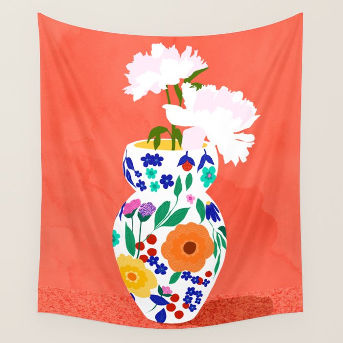 The Flowerpot, Floral Nature Watercolor Painting, Eclectic Bohemian Blossom Plants, Maximalism Contemporary Boho Wall Tapestry Gallery Image 4