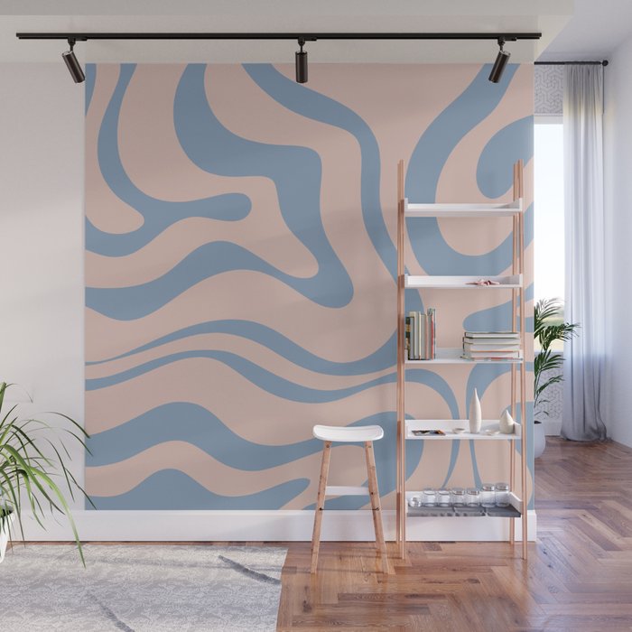 Modern Liquid Swirl Abstract Square in Pastel Blush Pink and Light Blue Wall Mural Gallery Image 1