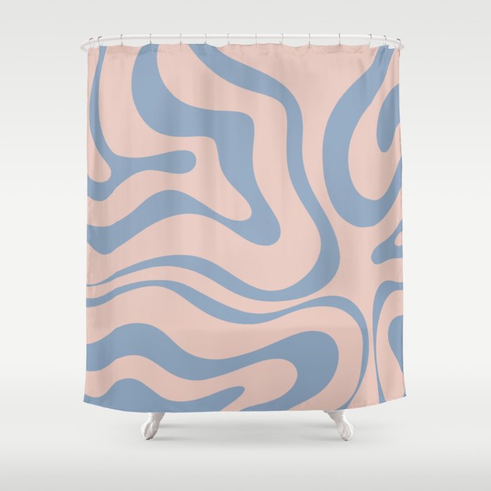 Modern Liquid Swirl Abstract Square in Pastel Blush Pink and Light Blue Shower Curtain Gallery Image 1