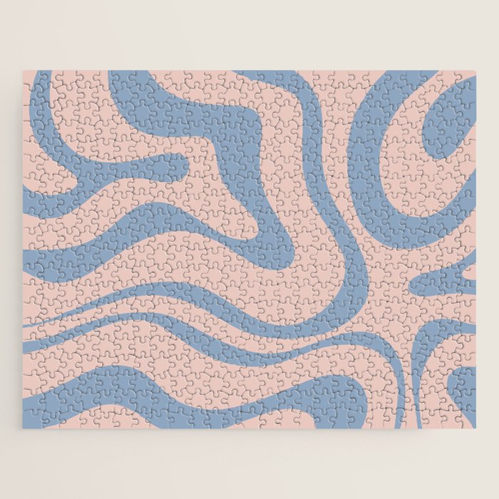 Modern Liquid Swirl Abstract Square in Pastel Blush Pink and Light Blue Jigsaw Puzzle Gallery Image 1
