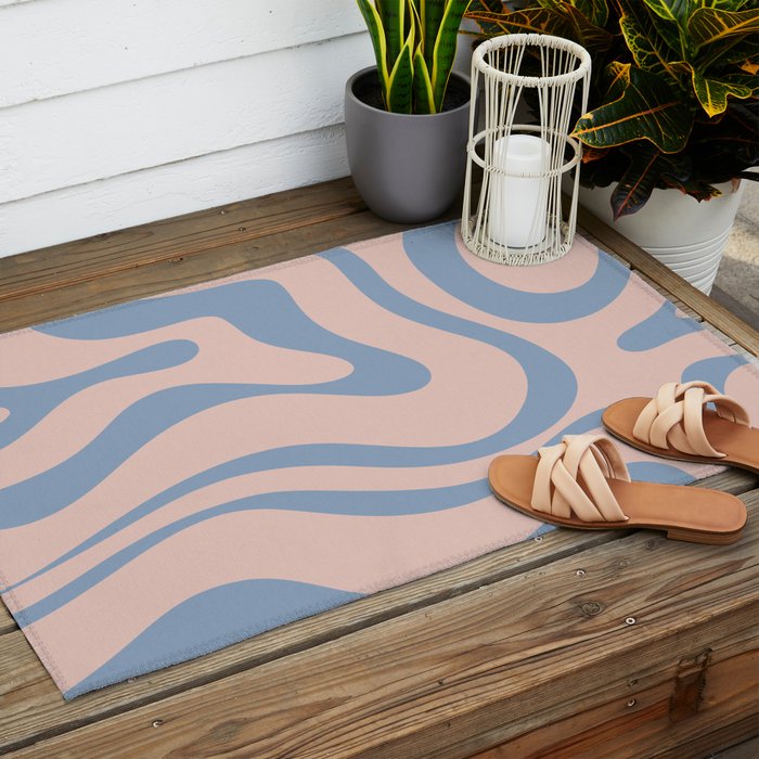 Modern Liquid Swirl Abstract Square in Pastel Blush Pink and Light Blue Outdoor Rug Gallery Image 2