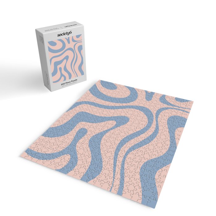 Modern Liquid Swirl Abstract Square in Pastel Blush Pink and Light Blue Jigsaw Puzzle Gallery Image 2