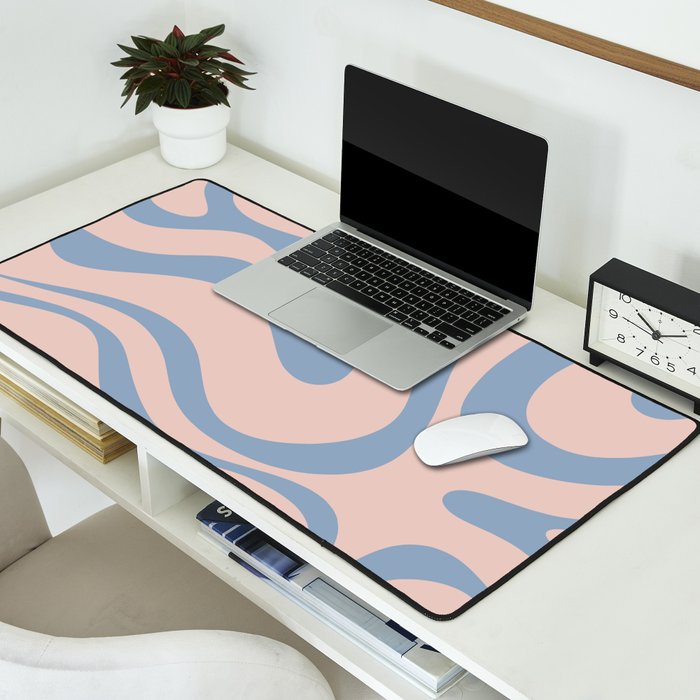 Modern Liquid Swirl Abstract Square in Pastel Blush Pink and Light Blue Desk Mat Gallery Image 2
