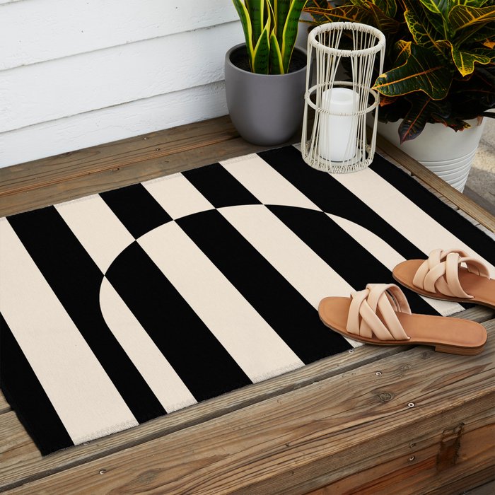 Striped Archway Pattern in Black and Almond Cream Outdoor Rug Gallery Image 2