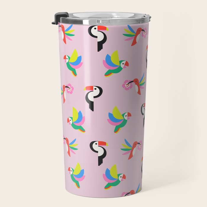 Happy Tropical Jungle Birds Toucan Hummingbird Parrot Pink Travel Mug Gallery Image 3