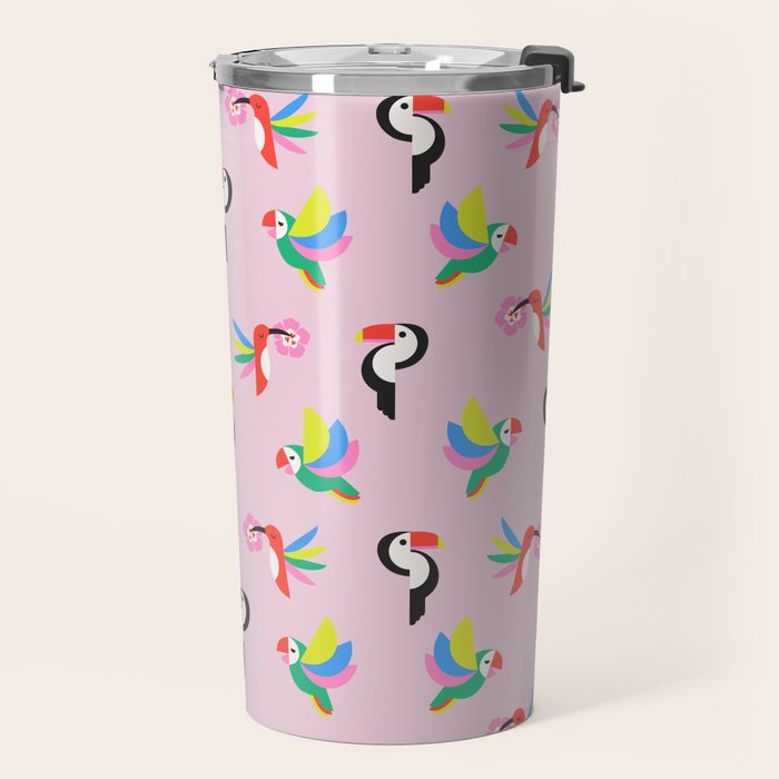 Happy Tropical Jungle Birds Toucan Hummingbird Parrot Pink Travel Mug Gallery Image 2
