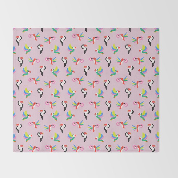 Happy Tropical Jungle Birds Toucan Hummingbird Parrot Pink Throw Blanket Gallery Image 2