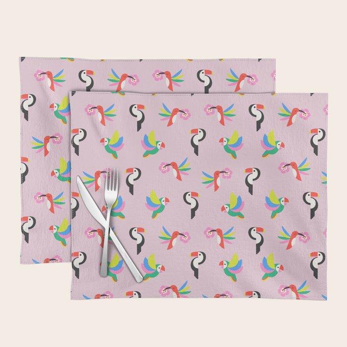 Happy Tropical Jungle Birds Toucan Hummingbird Parrot Pink Placemat Gallery Image 1