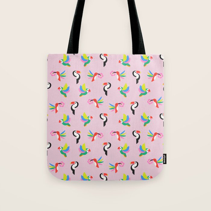 Happy Tropical Jungle Birds Toucan Hummingbird Parrot Pink Tote Bag Gallery Image 1
