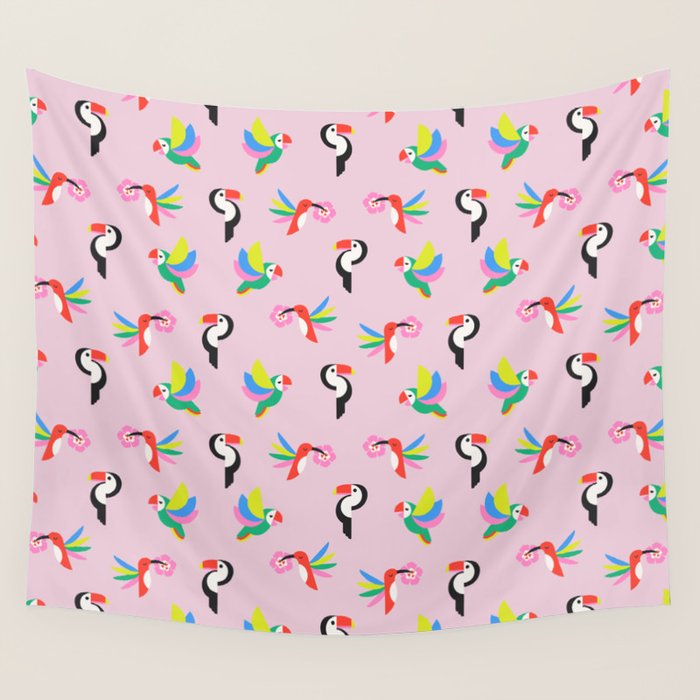 Happy Tropical Jungle Birds Toucan Hummingbird Parrot Pink Wall Tapestry Gallery Image 4