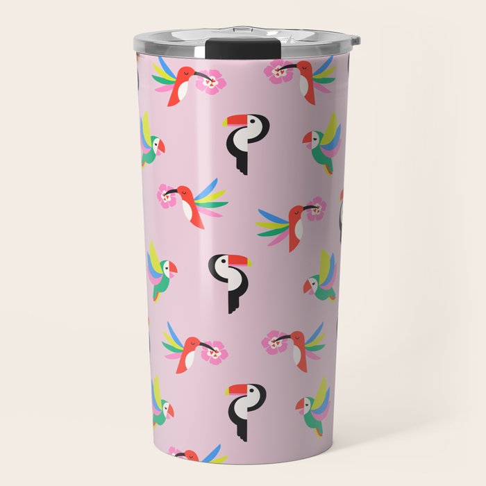 Happy Tropical Jungle Birds Toucan Hummingbird Parrot Pink Travel Mug Gallery Image 1