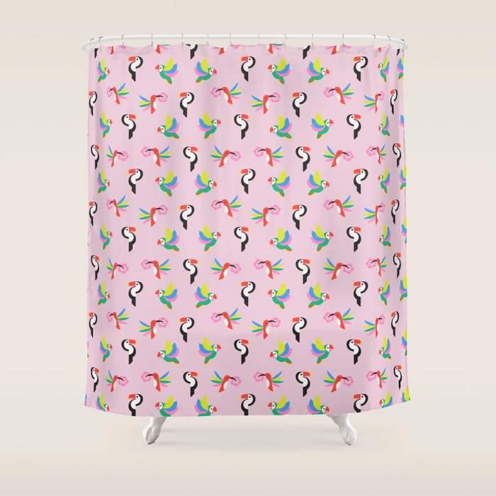 Happy Tropical Jungle Birds Toucan Hummingbird Parrot Pink Shower Curtain Gallery Image 1