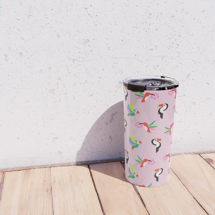 Happy Tropical Jungle Birds Toucan Hummingbird Parrot Pink Travel Mug Gallery Image 4