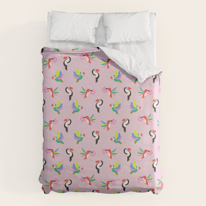 Happy Tropical Jungle Birds Toucan Hummingbird Parrot Pink Duvet Cover Gallery Image 6