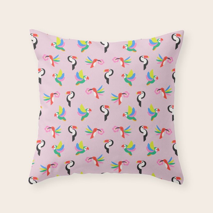 Happy Tropical Jungle Birds Toucan Hummingbird Parrot Pink Throw Pillow Gallery Image 6