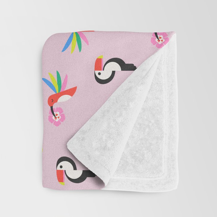 Happy Tropical Jungle Birds Toucan Hummingbird Parrot Pink Throw Blanket Gallery Image 3