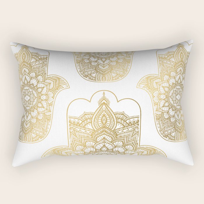 golden hamsa fatma hand and mandala on classic blue Rectangular Pillow Gallery Image 1