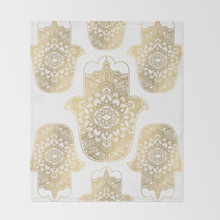 golden hamsa fatma hand and mandala on classic blue Throw Blanket Gallery Image 2