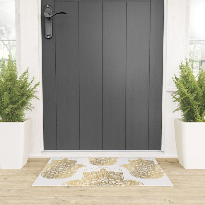 golden hamsa fatma hand and mandala on classic blue Welcome Mat Gallery Image 3