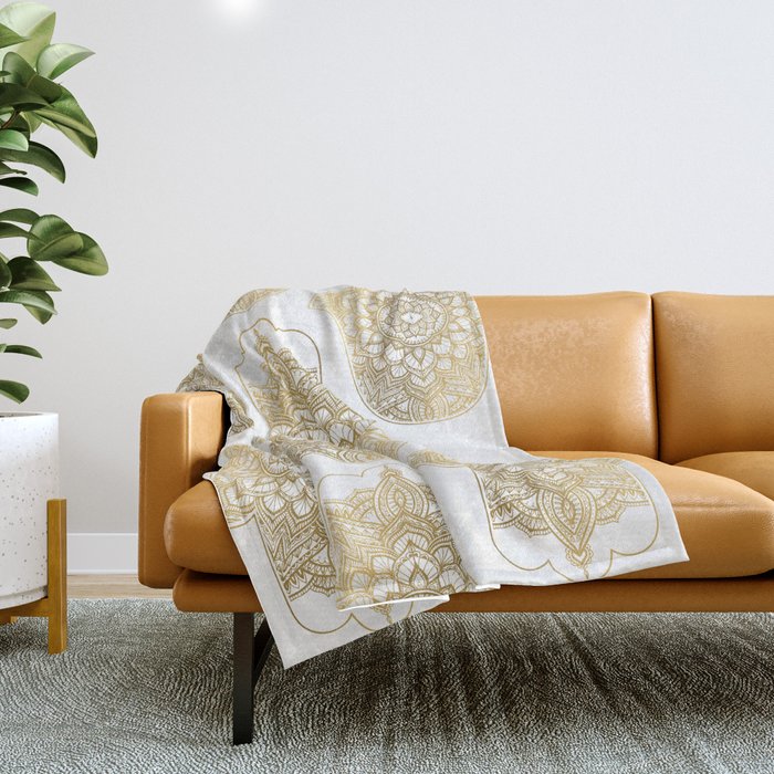 golden hamsa fatma hand and mandala on classic blue Throw Blanket Gallery Image 1