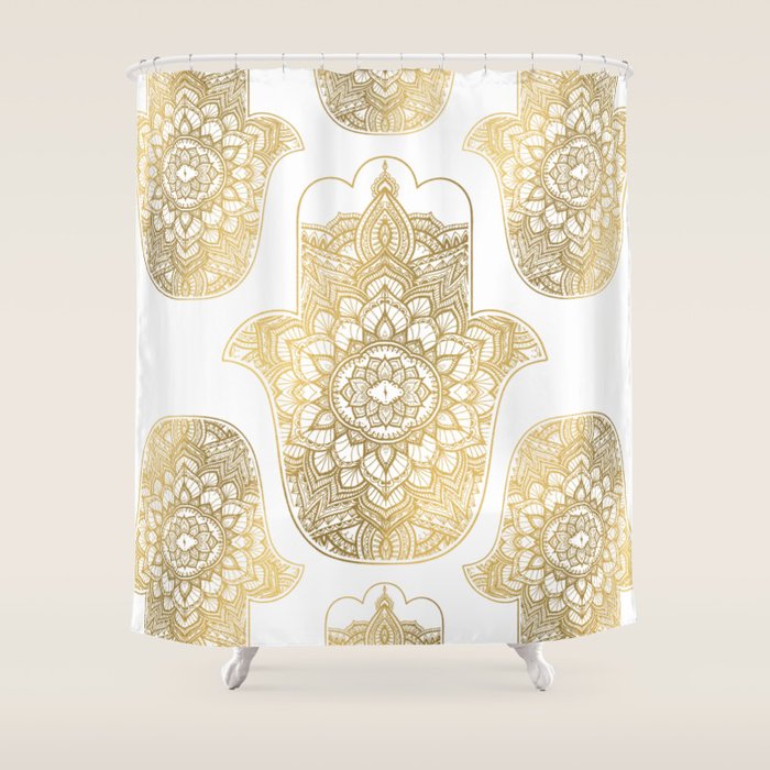 golden hamsa fatma hand and mandala on classic blue Shower Curtain Gallery Image 1