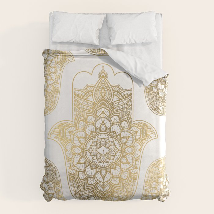 golden hamsa fatma hand and mandala on classic blue Duvet Cover Gallery Image 6