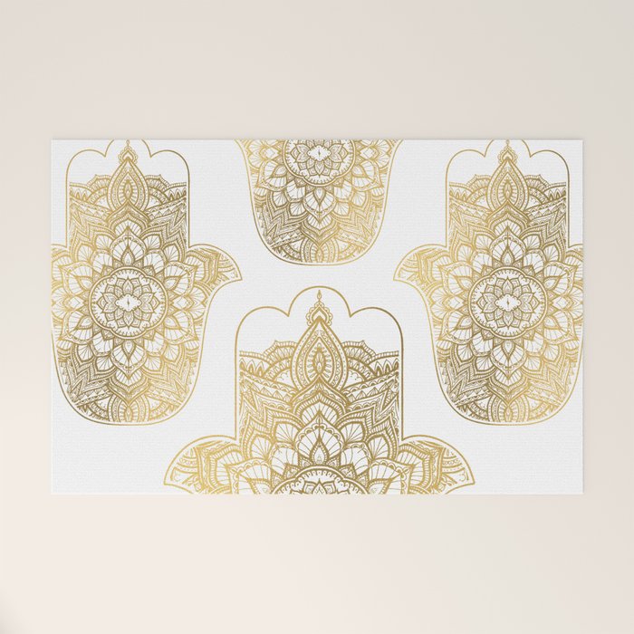 golden hamsa fatma hand and mandala on classic blue Welcome Mat Gallery Image 1