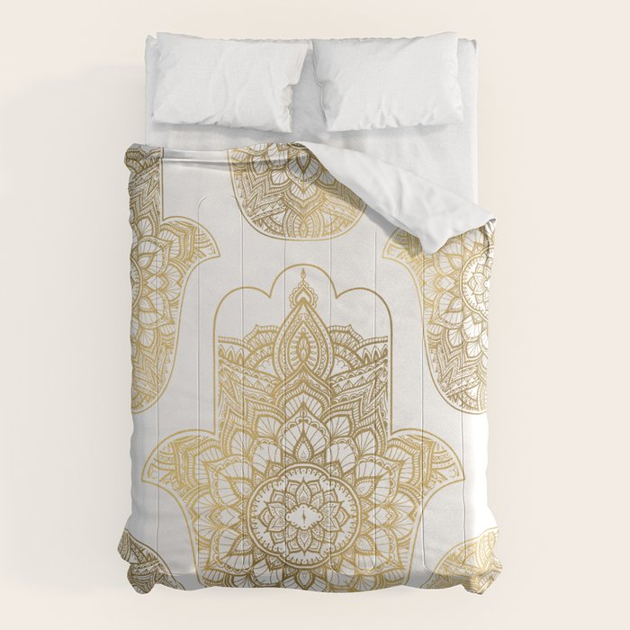 golden hamsa fatma hand and mandala on classic blue Comforter Gallery Image 6
