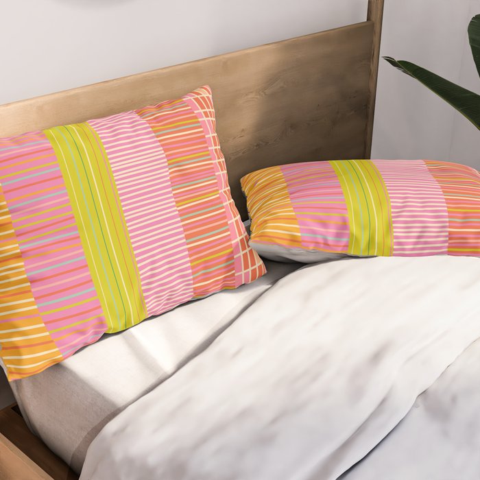 Spring Patchwork Whimsical Finnish Stripe Pattern Pink Orange Lime Pillow Sham Gallery Image 2